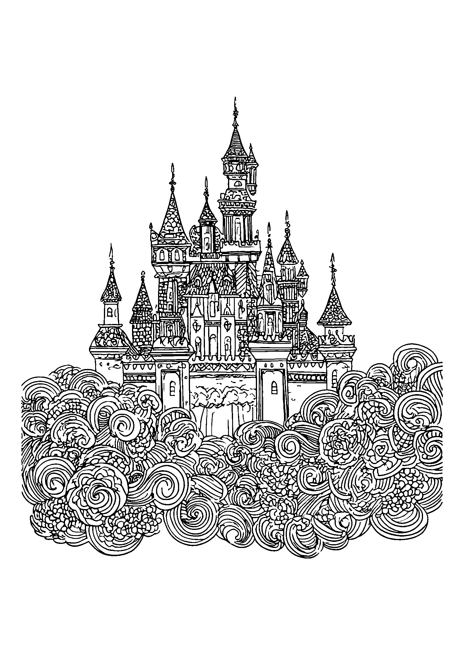 Magical Castle Surrounded by Swirls of Fog coloring page