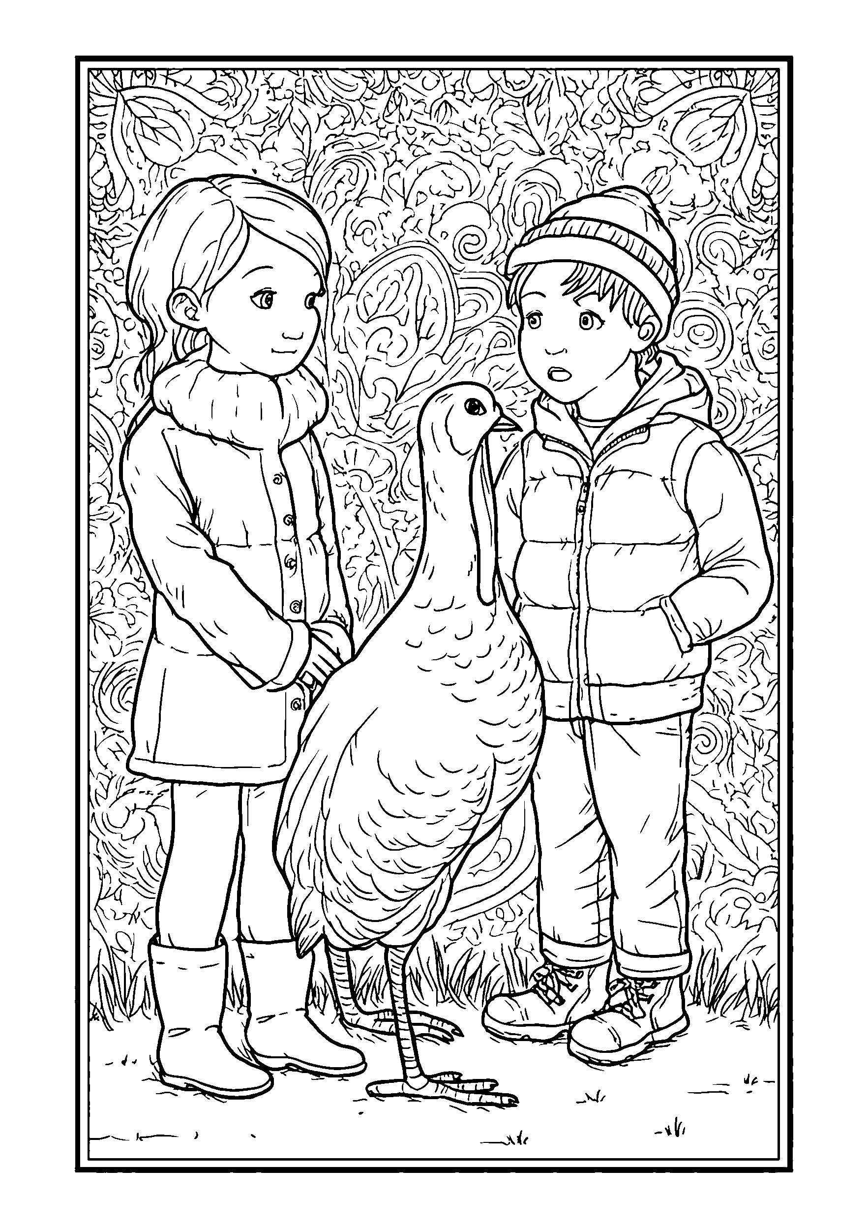 Children Looking Surprised at a Turkey in Their Backyard coloring page