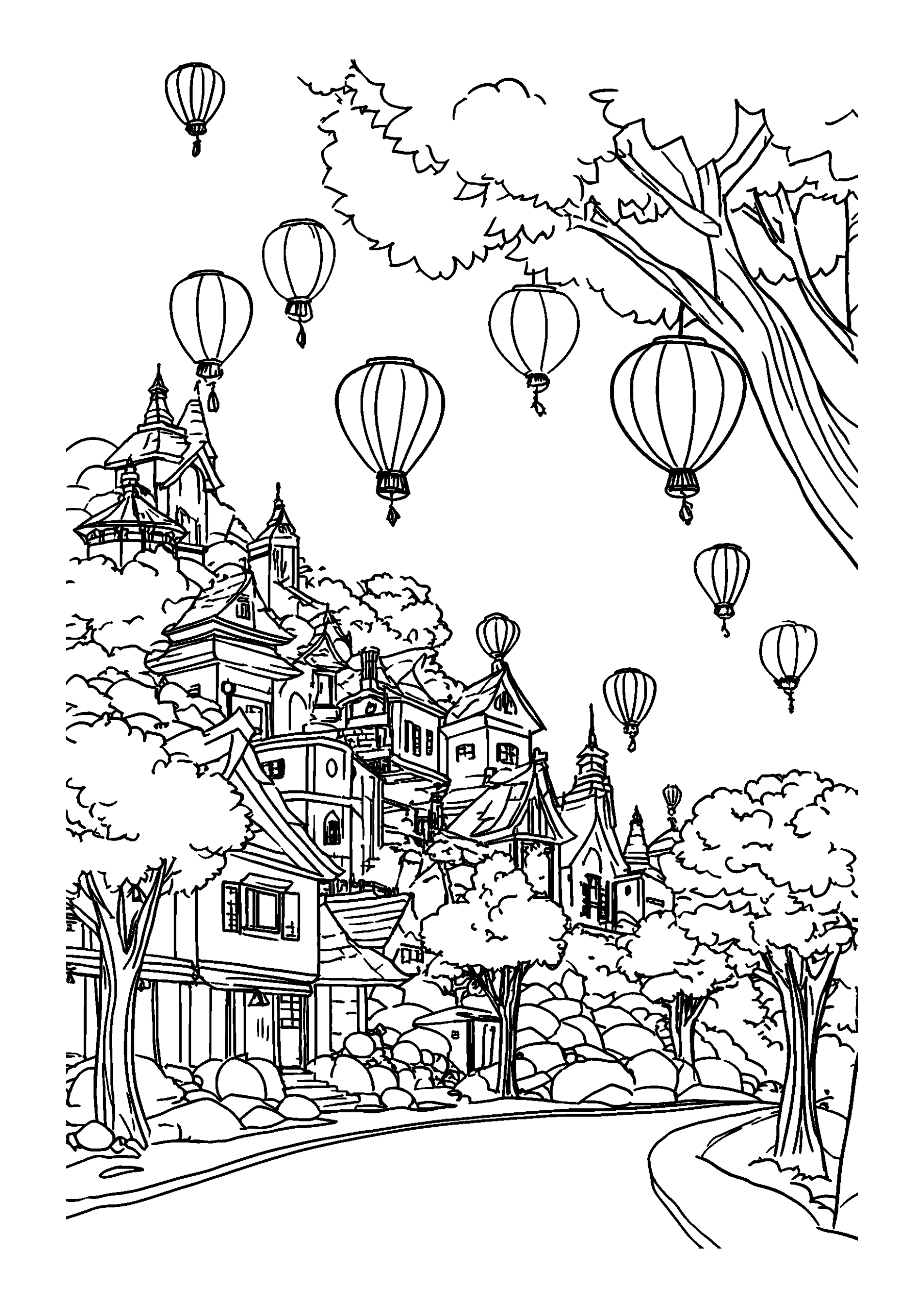Picturesque Village Celebrating Thanksgiving with Lanterns coloring page