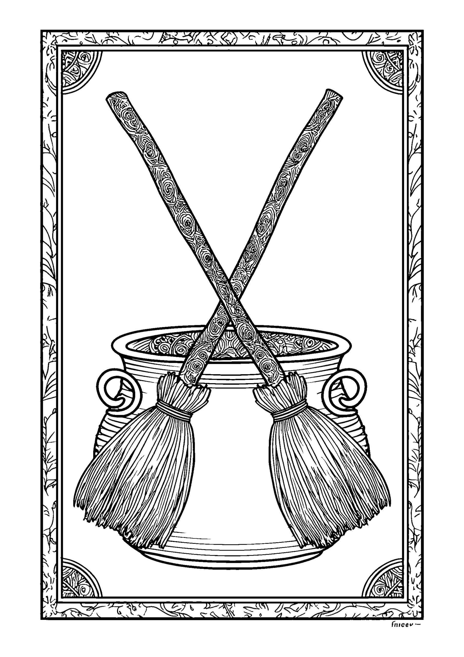 Broomsticks Crossed over a Cauldron coloring page