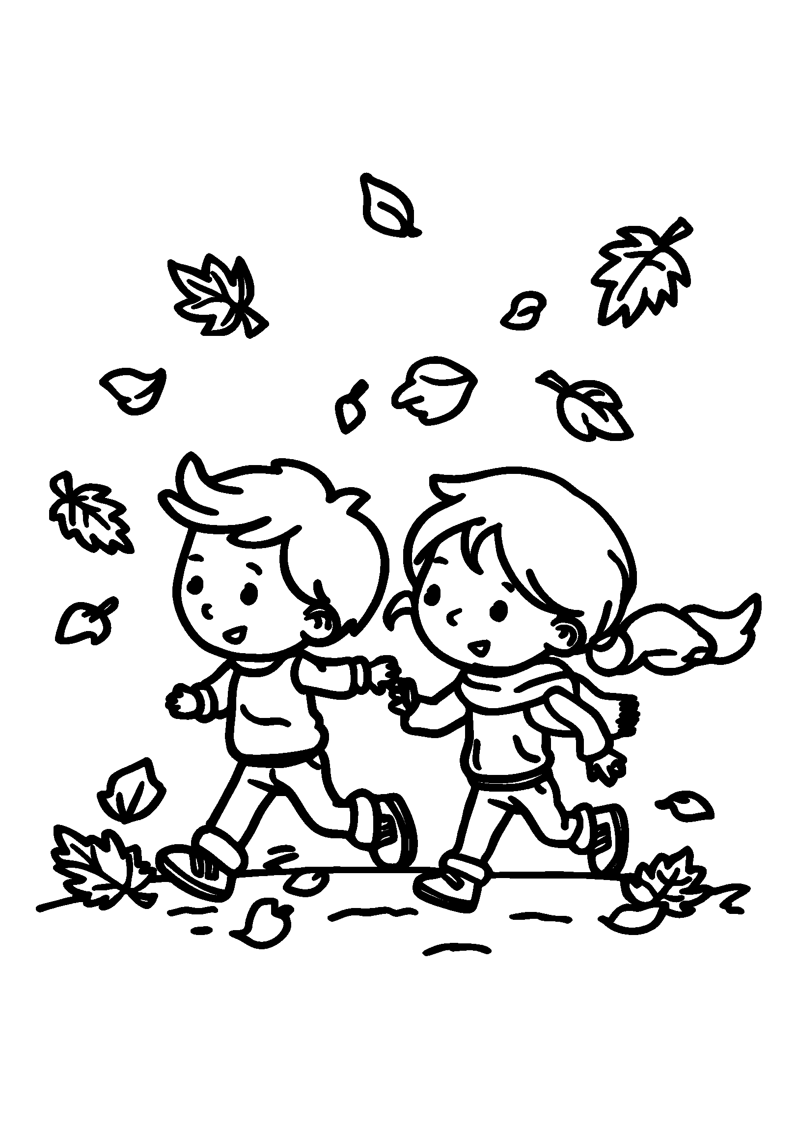 Children Racing with Leaves in the Air coloring page