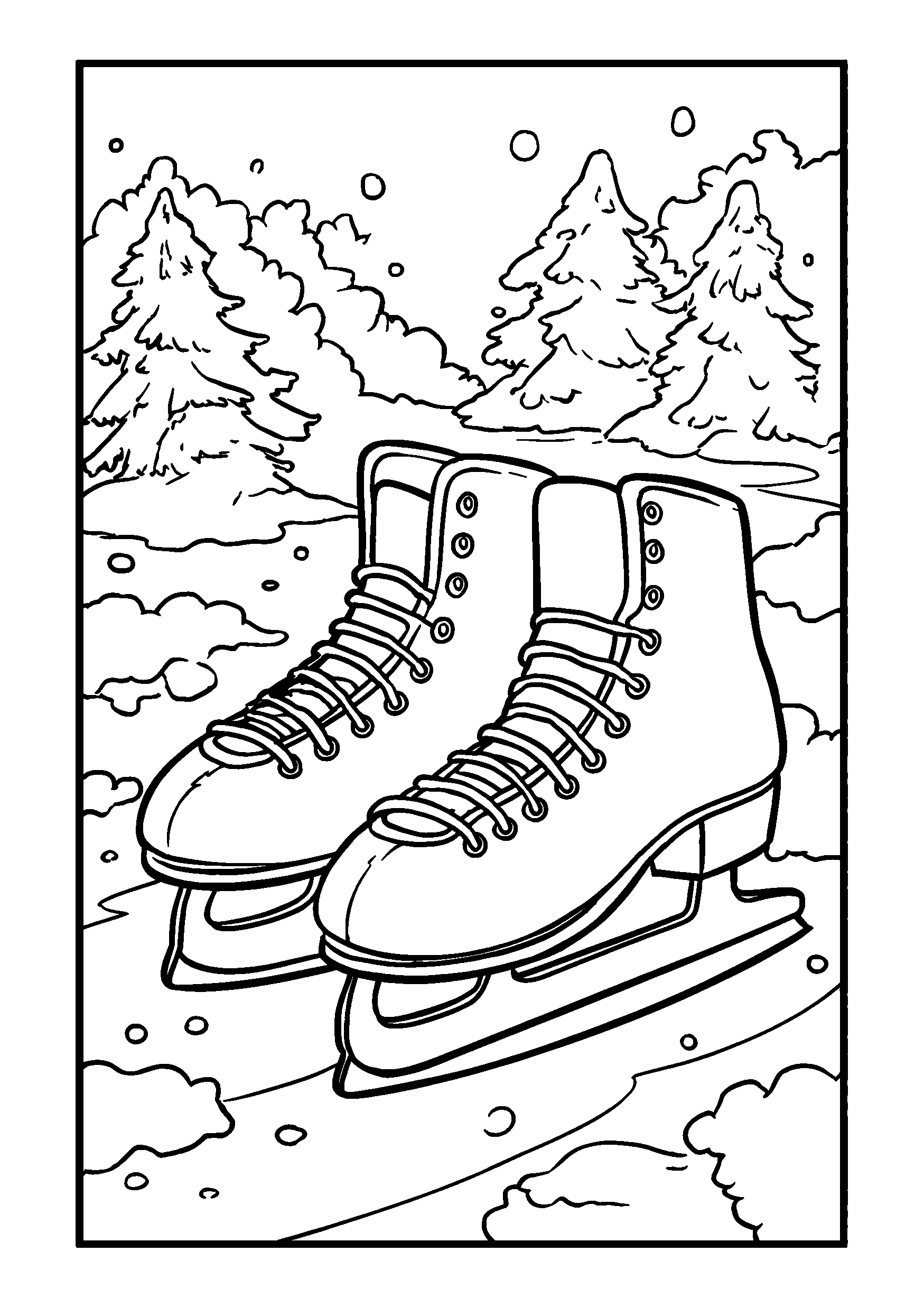 Pair of Ice Skates Resting on a Snowy Path coloring page