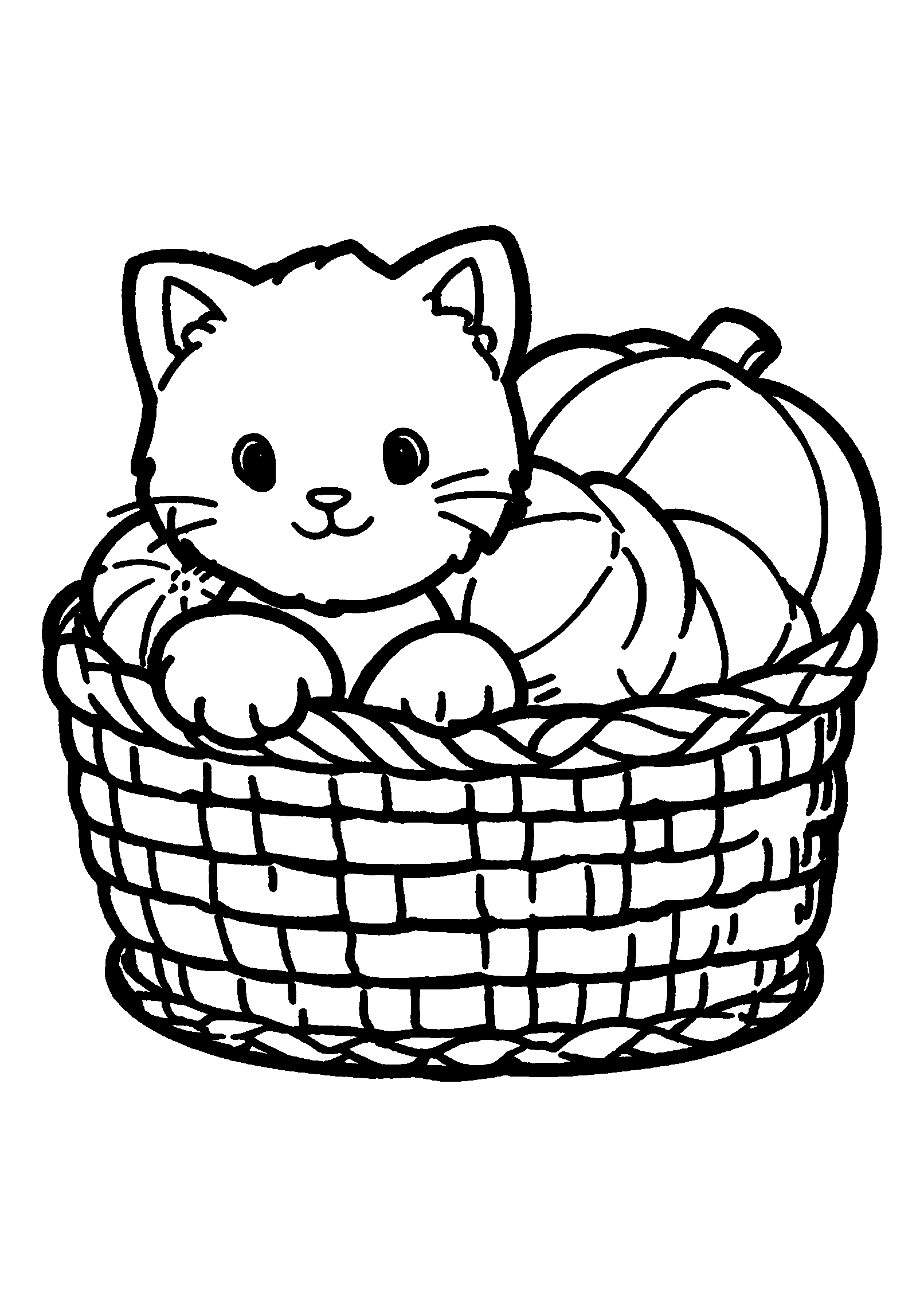 Playful Kitten Peeking out of a Woven Basket of Gourds coloring page
