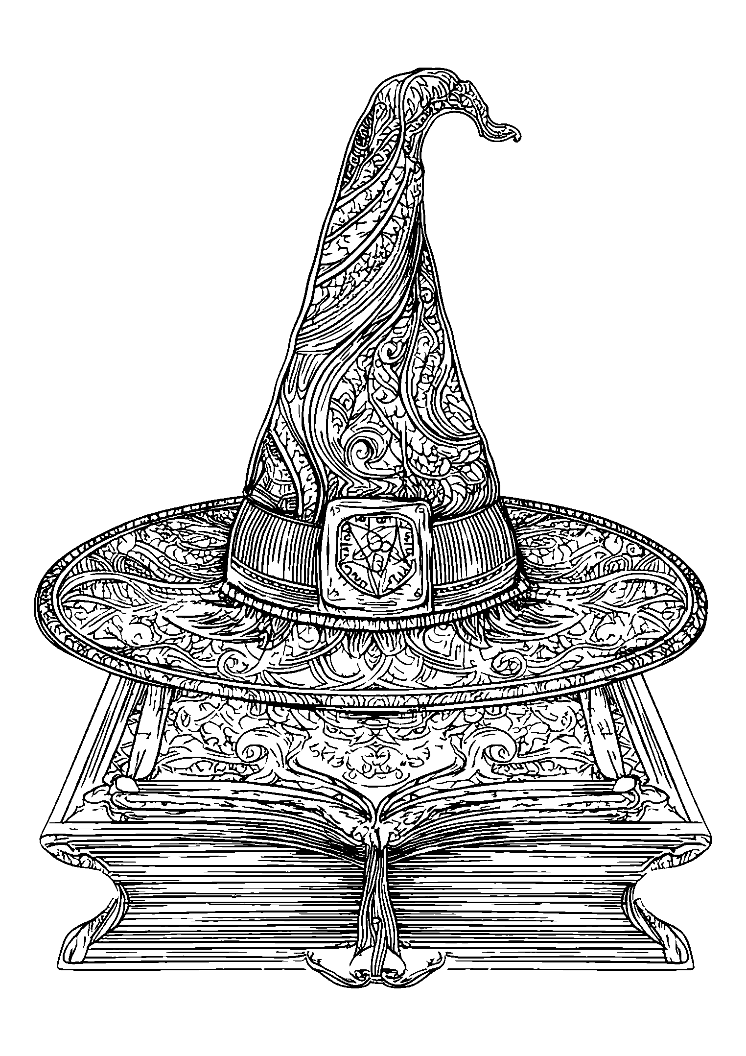 Witch's Hat Sitting Atop an Old Spellbook coloring page