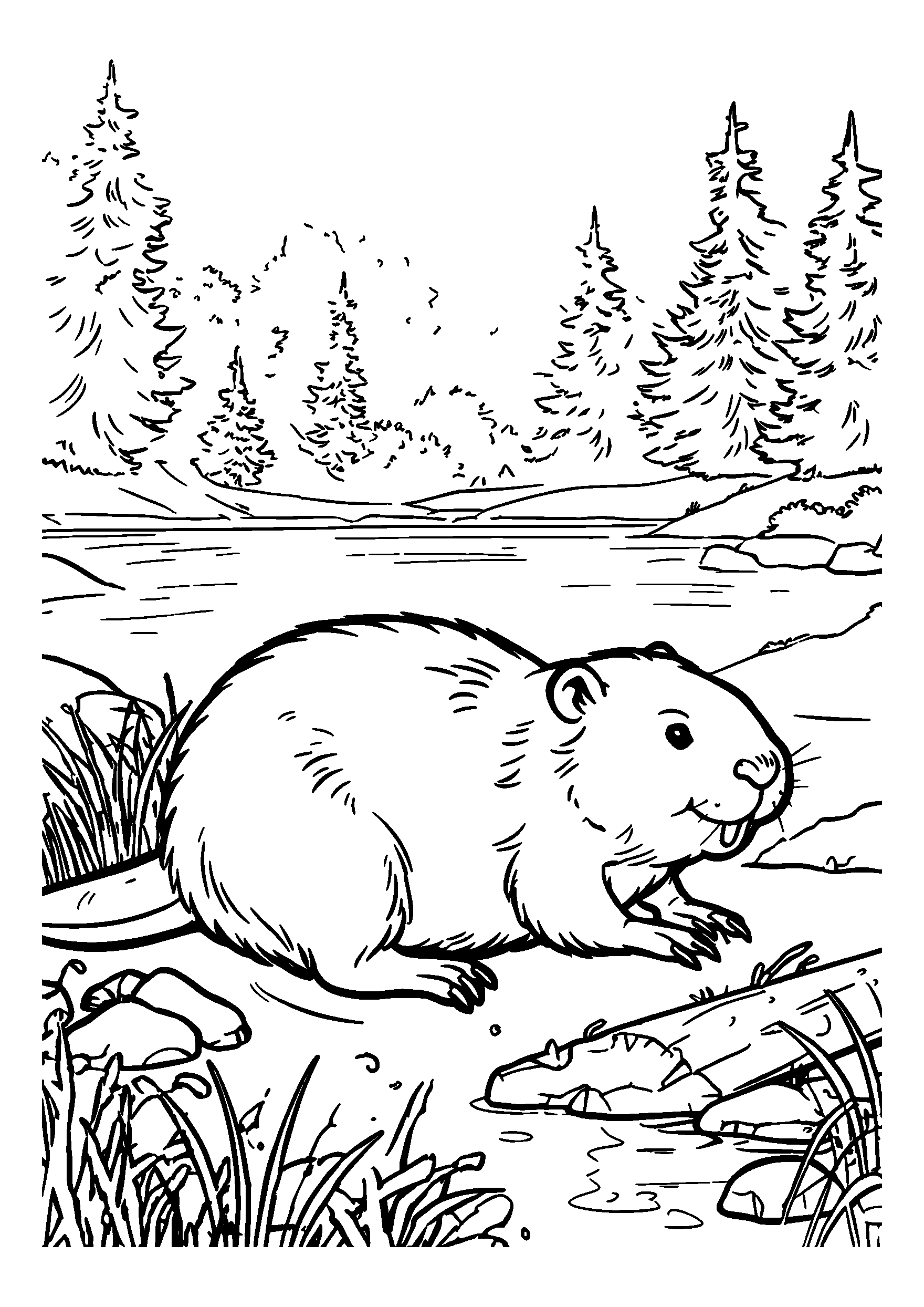 Beaver Building a Dam Near a Tranquil Lake coloring page