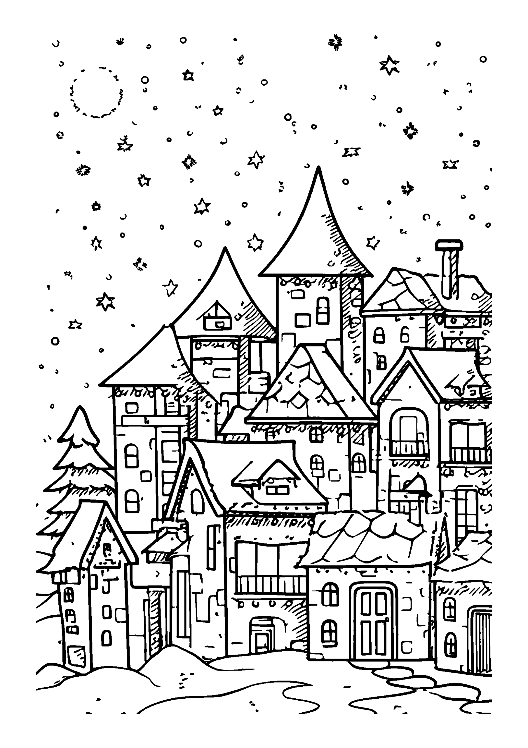 Christmas Village Lit Up with Fairy Lights at Dusk coloring page