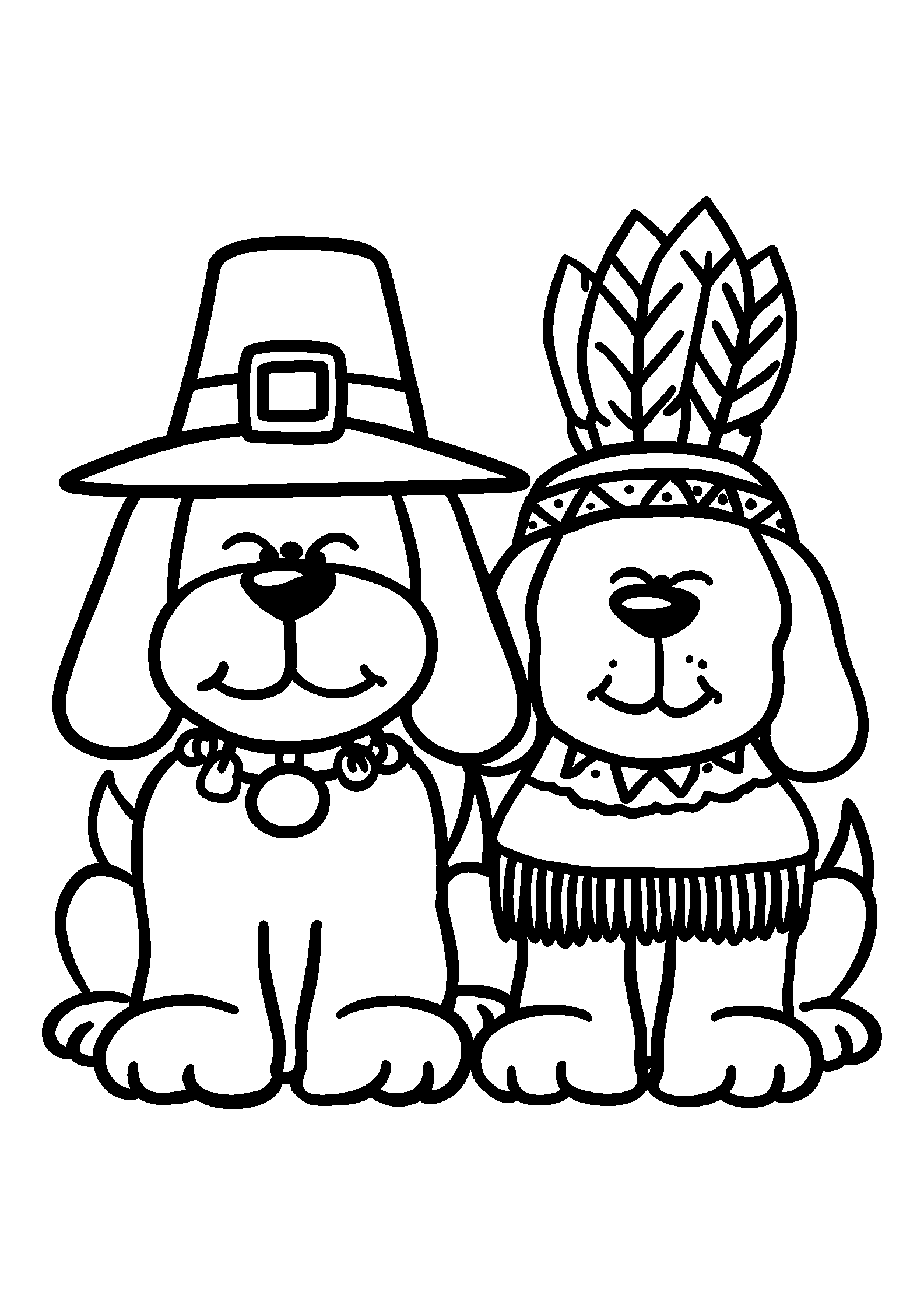 Dogs Wearing Pilgrim and Native American Costumes coloring page