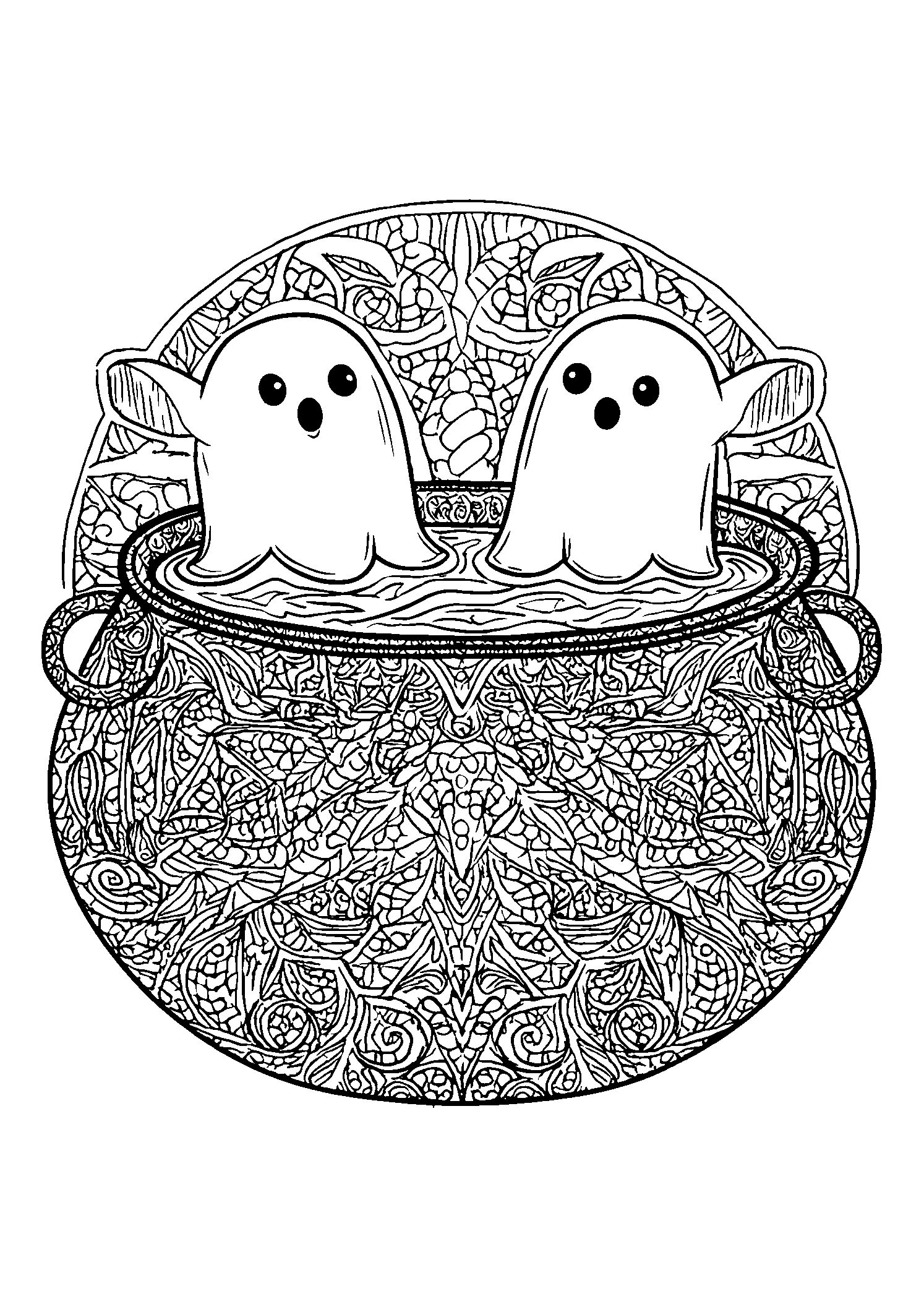 Ghosts Floating over a Bubbling Cauldron coloring page