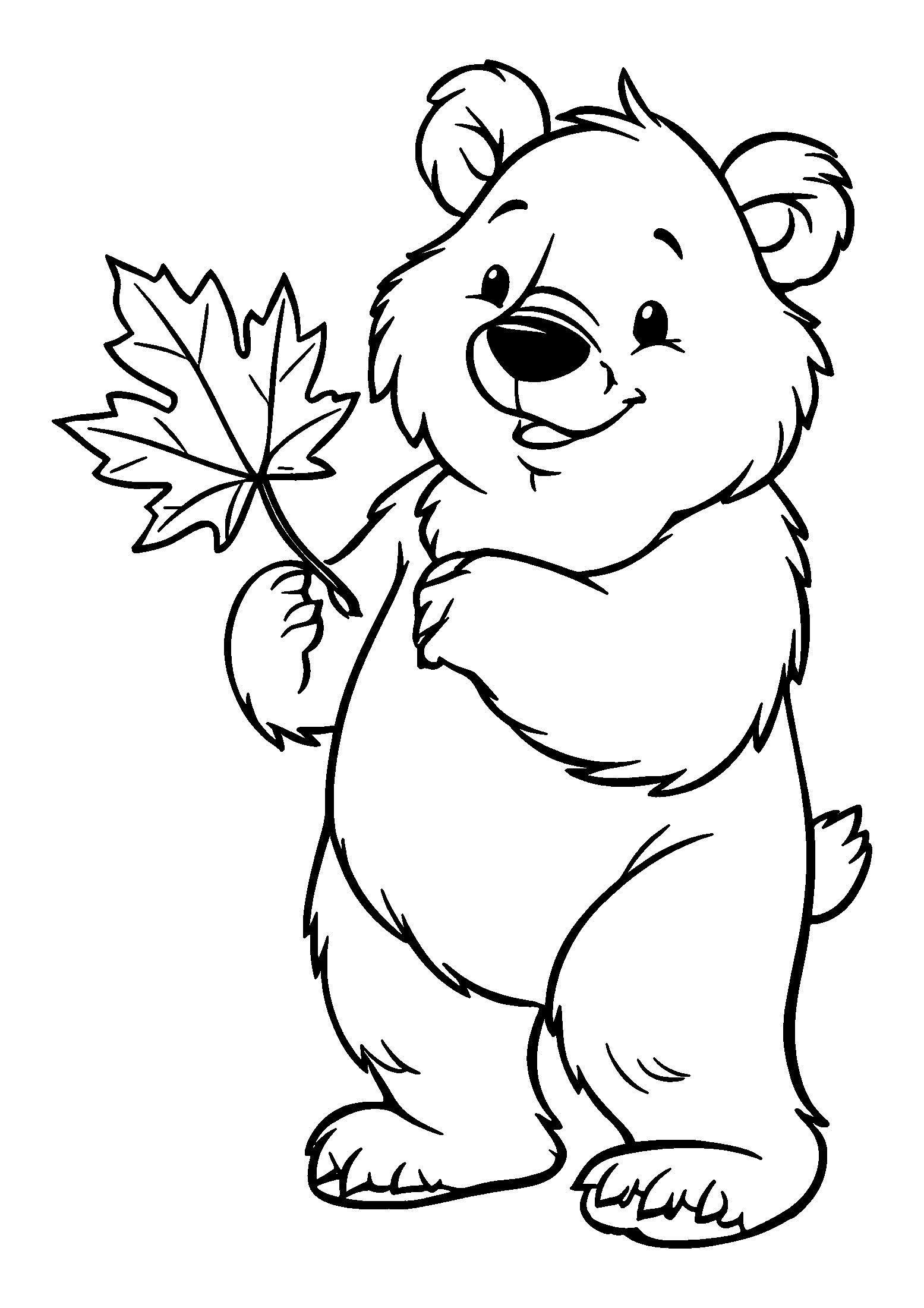 Full-body Bear Holding a Maple Leaf in its Paw coloring page