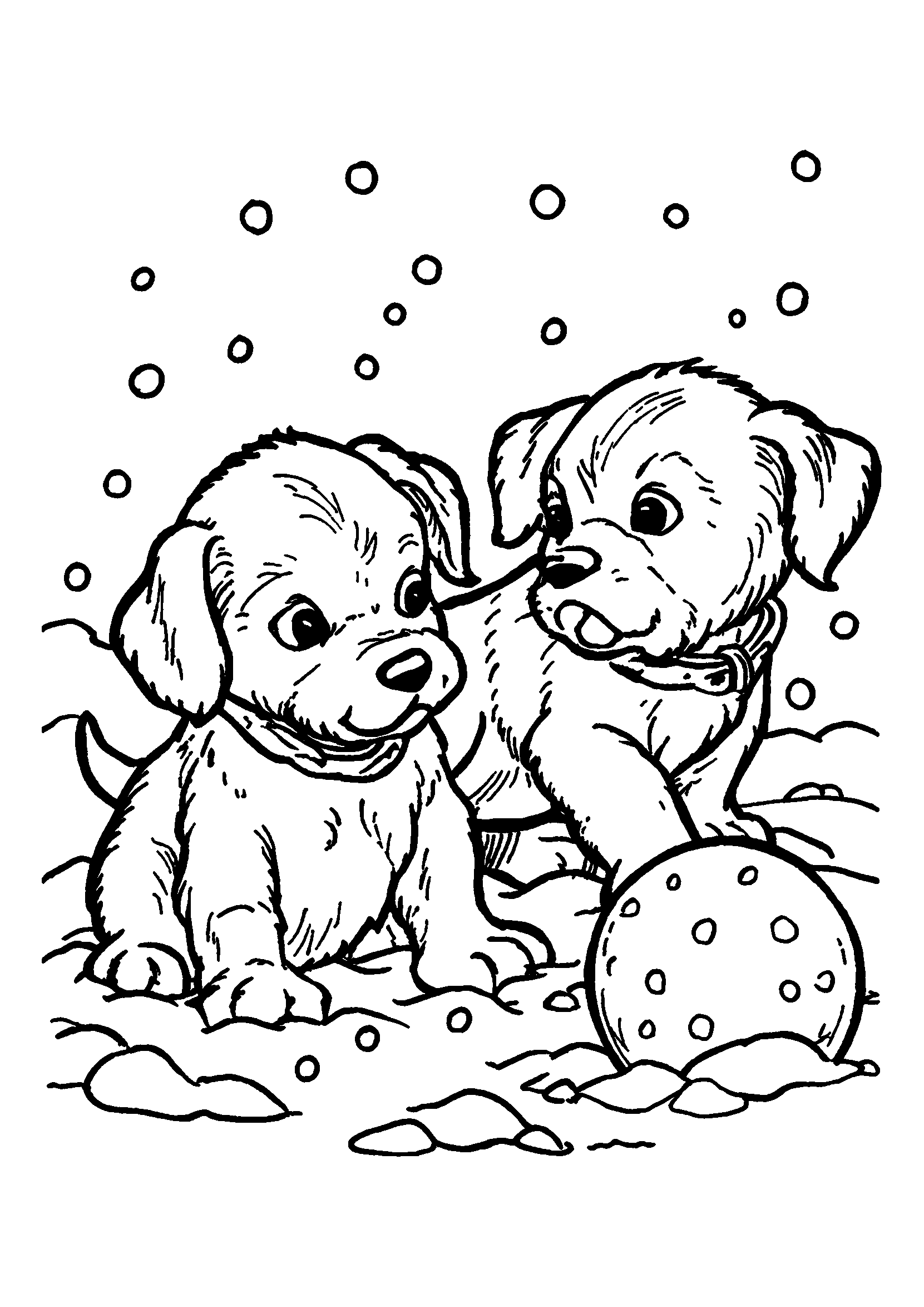 Puppies Playing in the Snow with a Toy coloring page