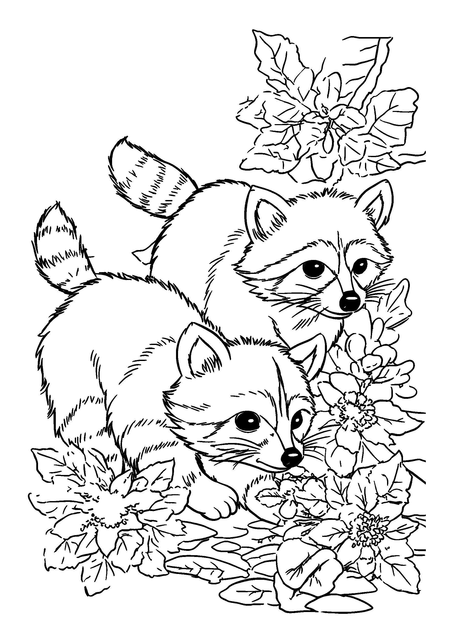 Raccoons Exploring an Autumn Garden at Dusk coloring page