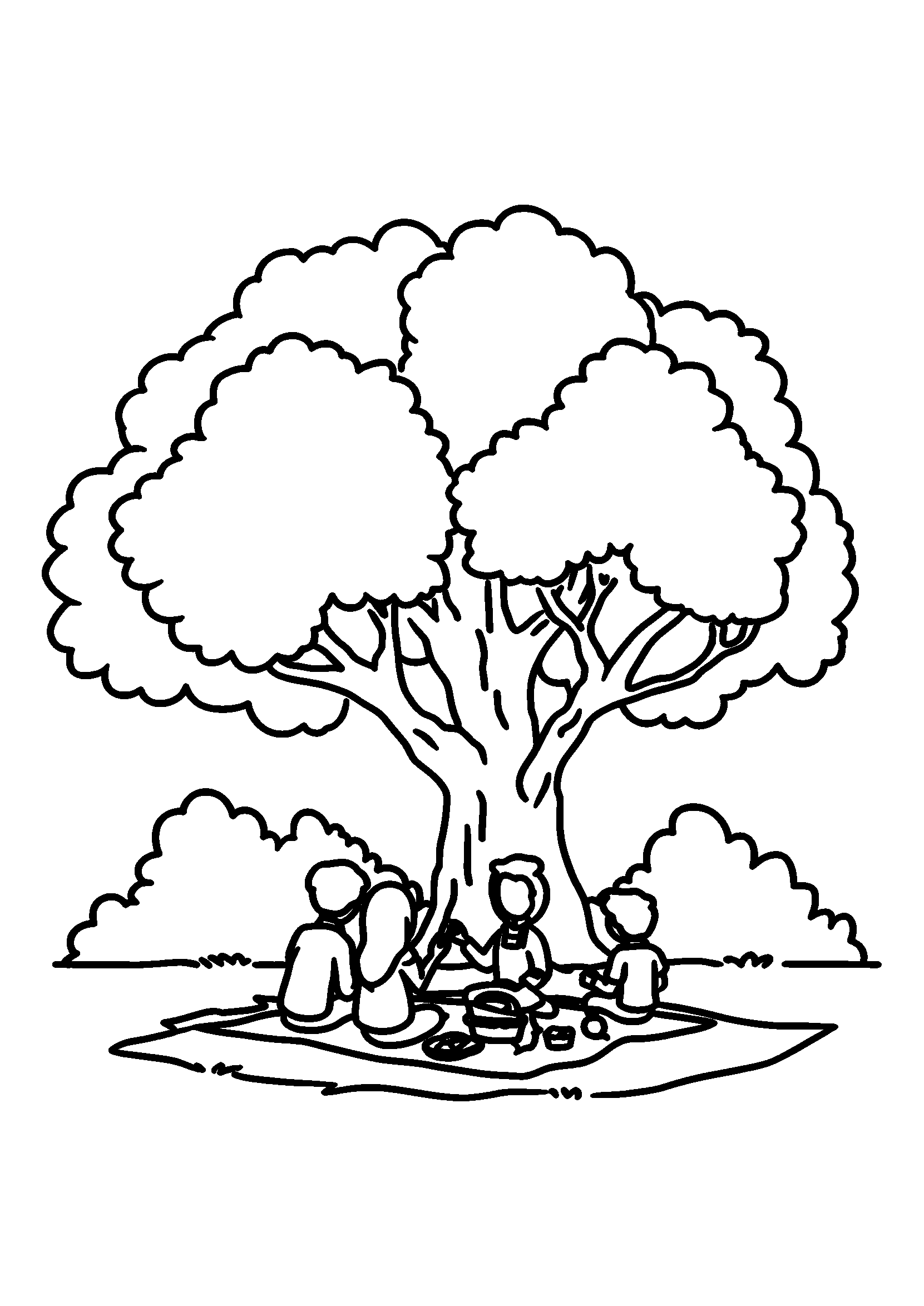 Family Enjoying a Picnic under a Large Oak Tree coloring page