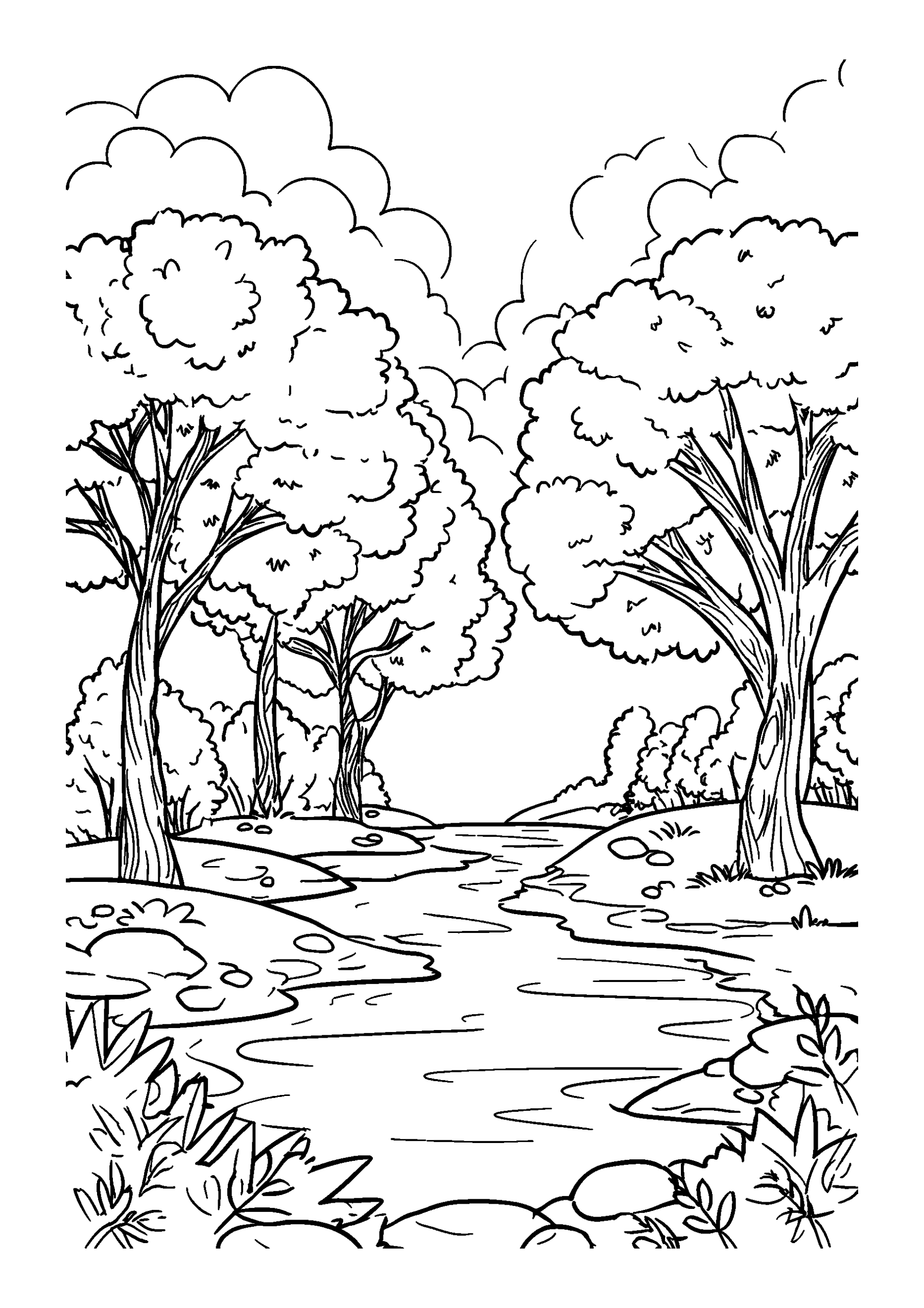 Peaceful River Flowing Beneath Autumn Trees coloring page