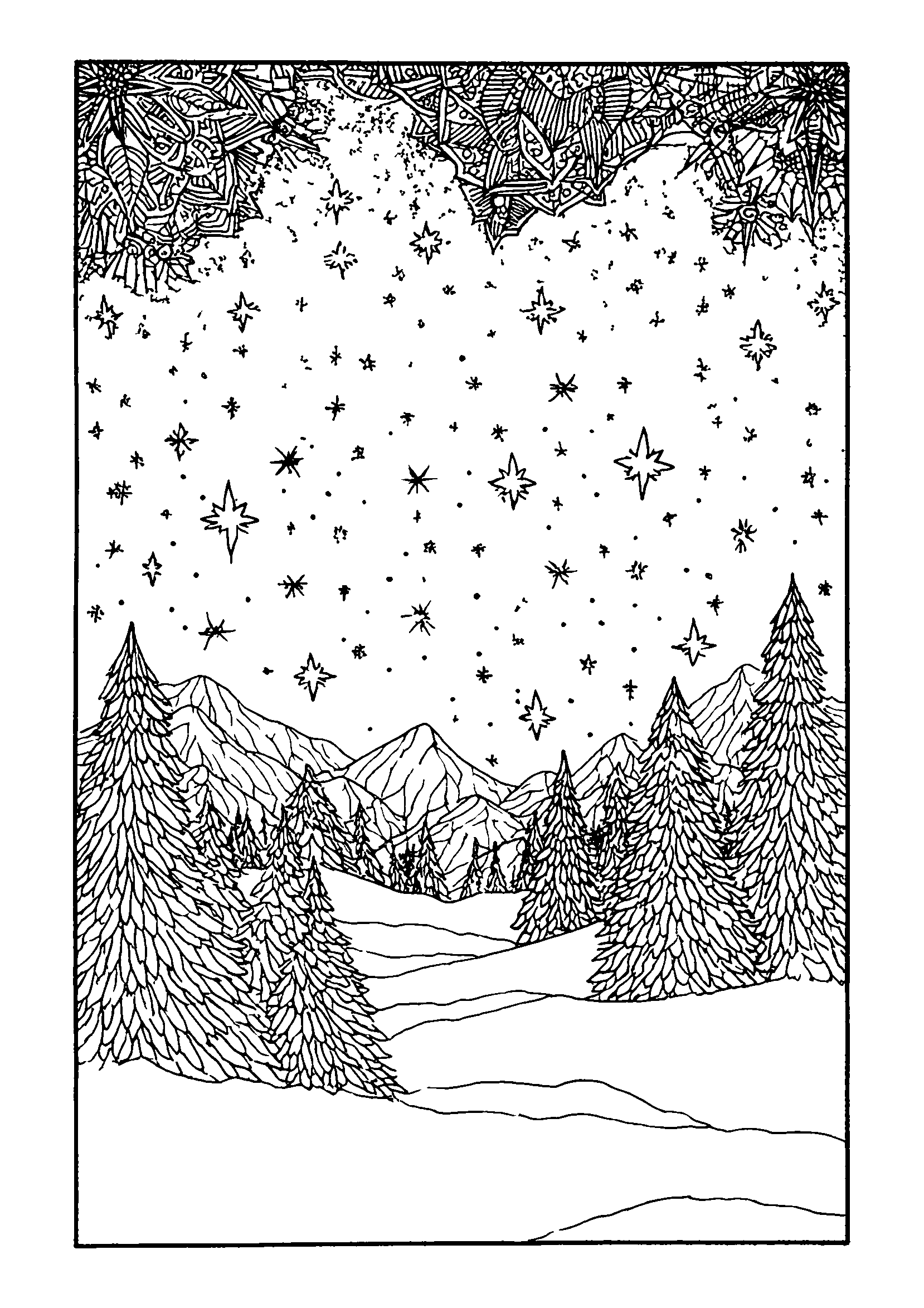 Starry Night Sky Above a Peaceful Snowy Landscape coloring page