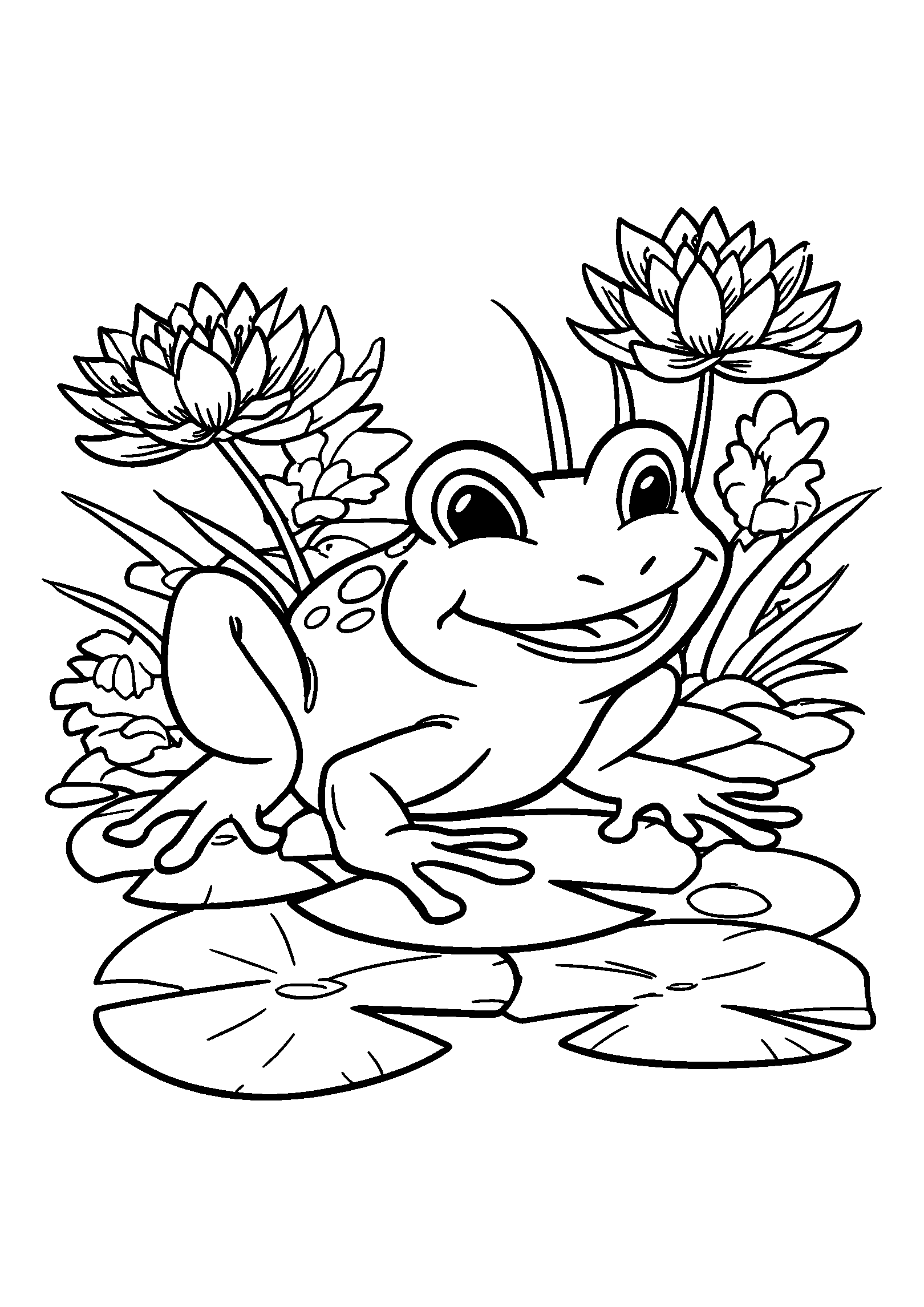 Happy Frog Jumping on Lily Pads in a Pond coloring page