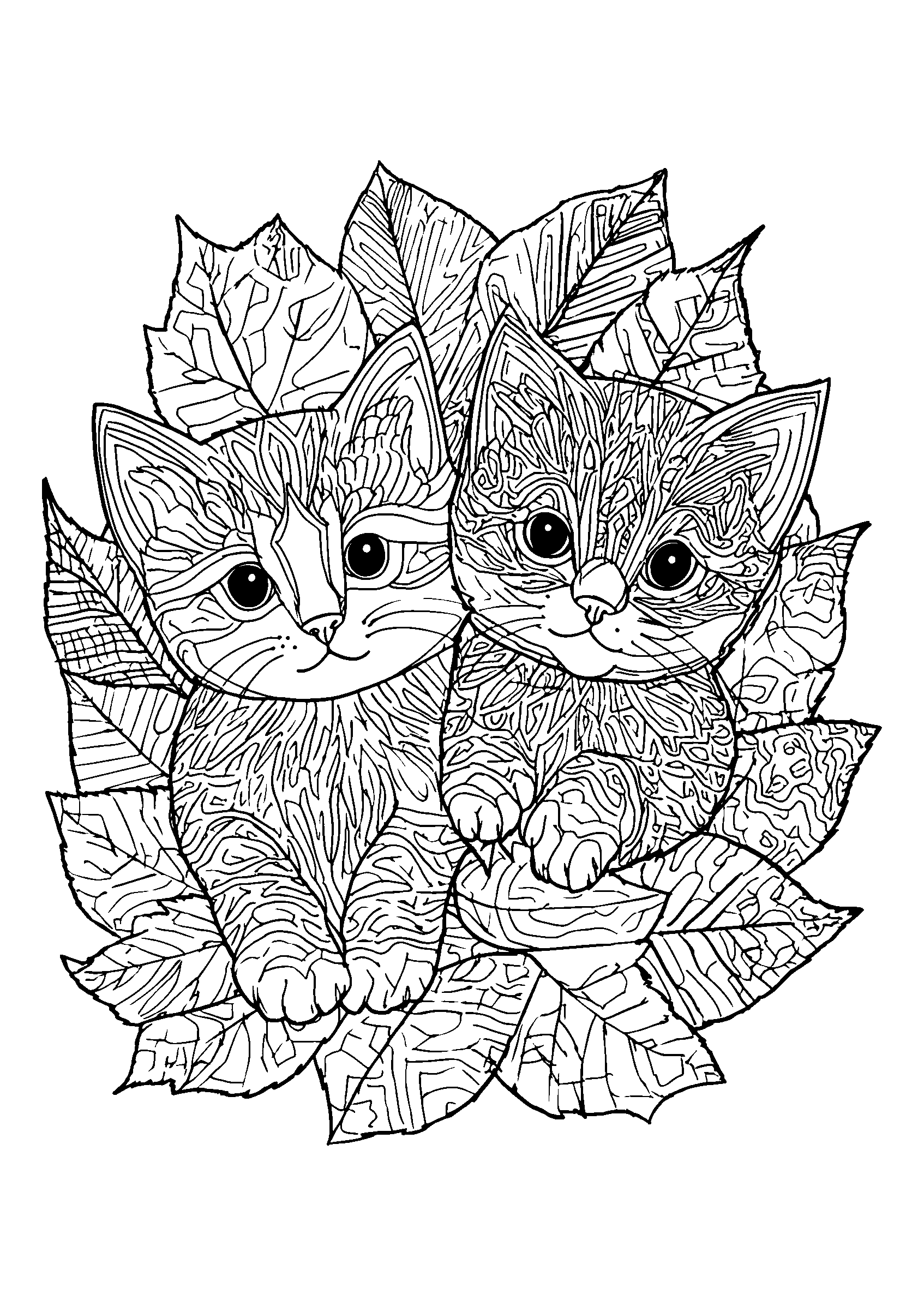 Kittens Pawing at Colorful Leaves Around Them coloring page