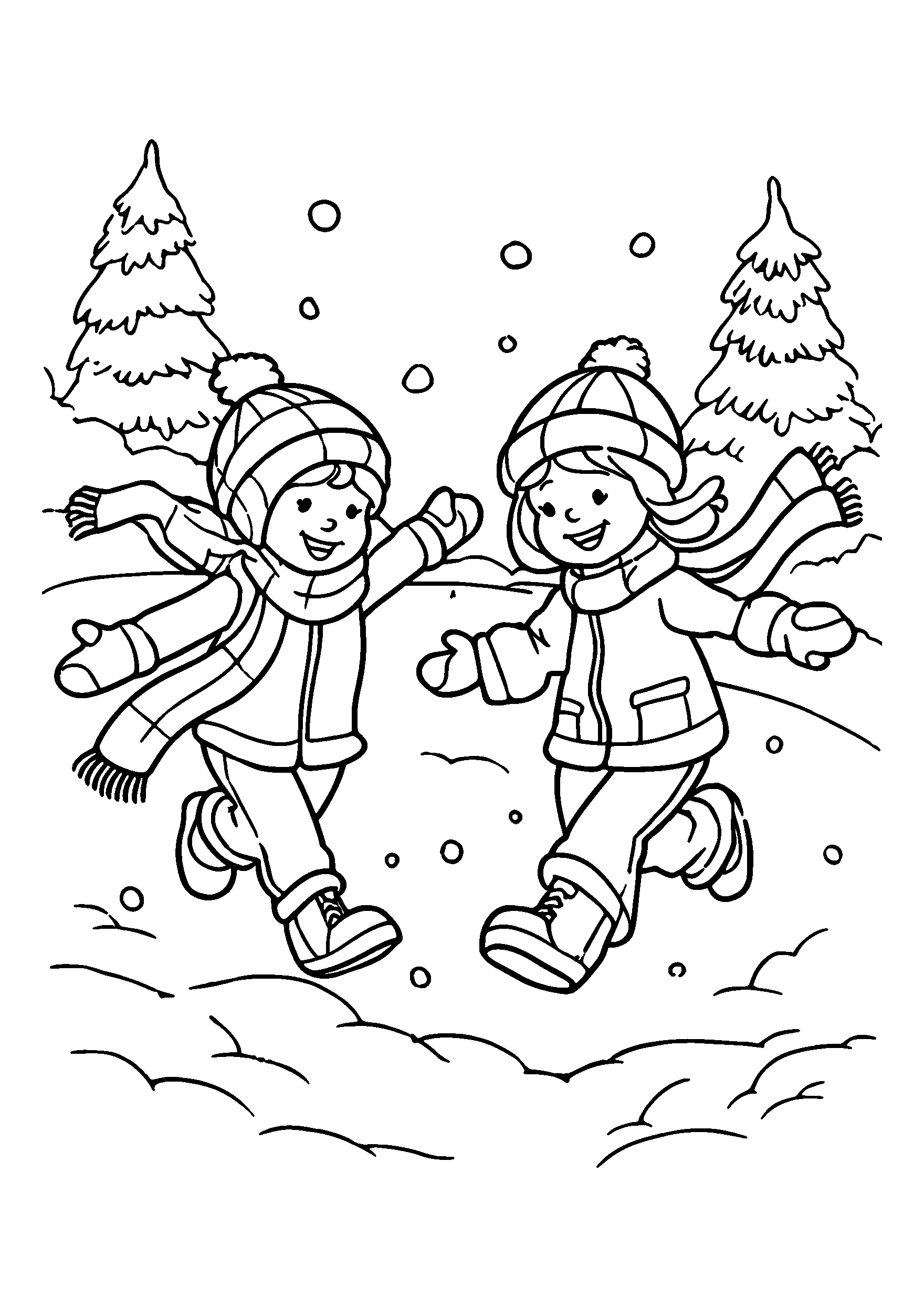 Joyful Snowball Fight Happening in a Winter Park coloring page