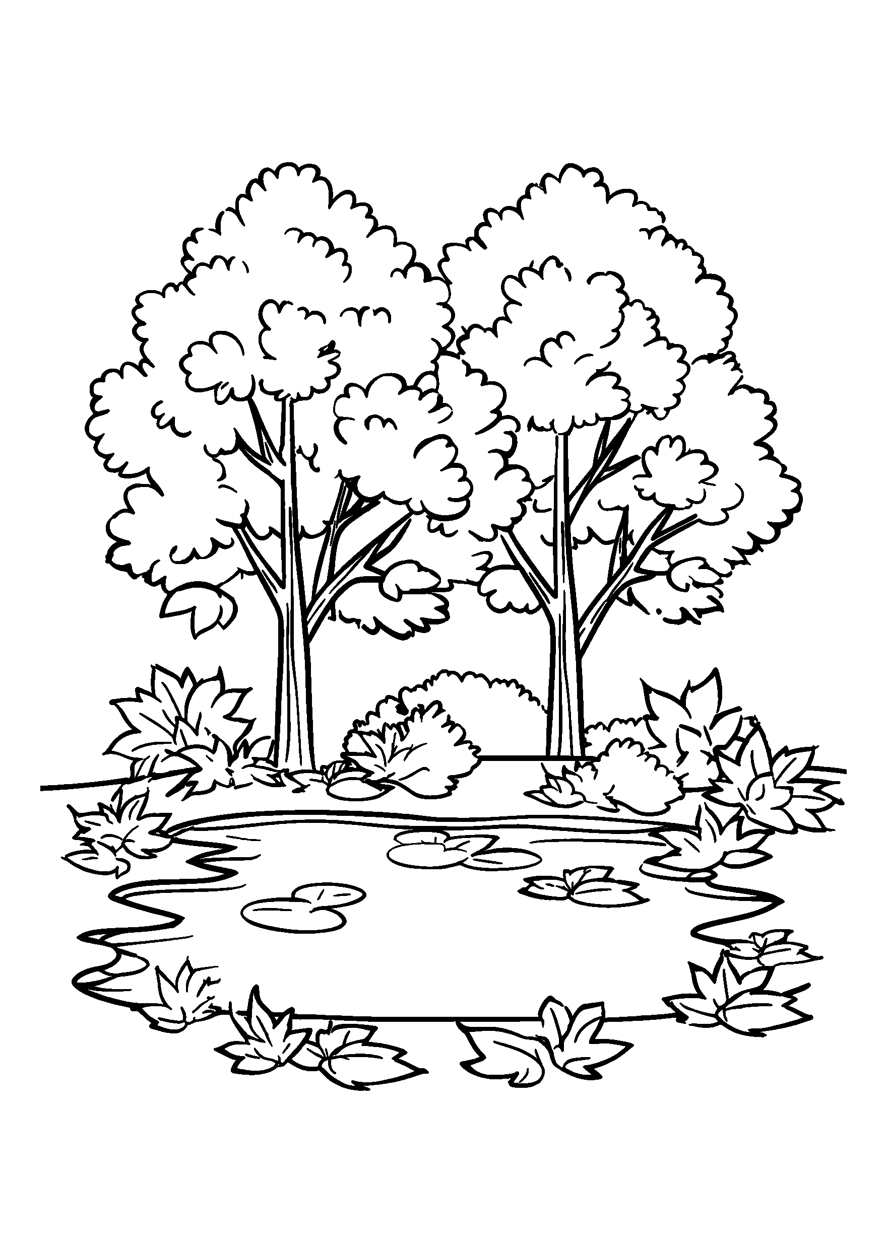 Serene Pond Reflecting Autumn Trees and Colorful Leaves coloring page