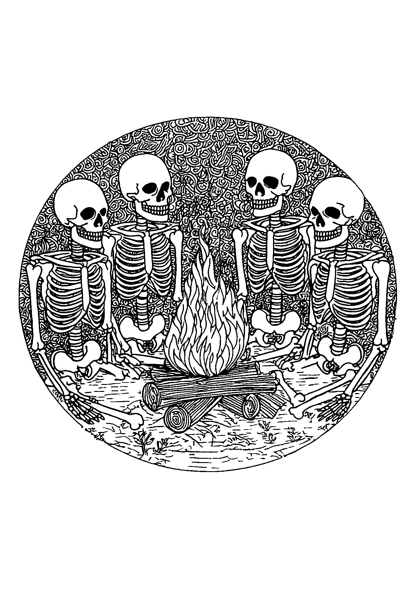 Group of Skeletons Relaxing Around a Campfire coloring page