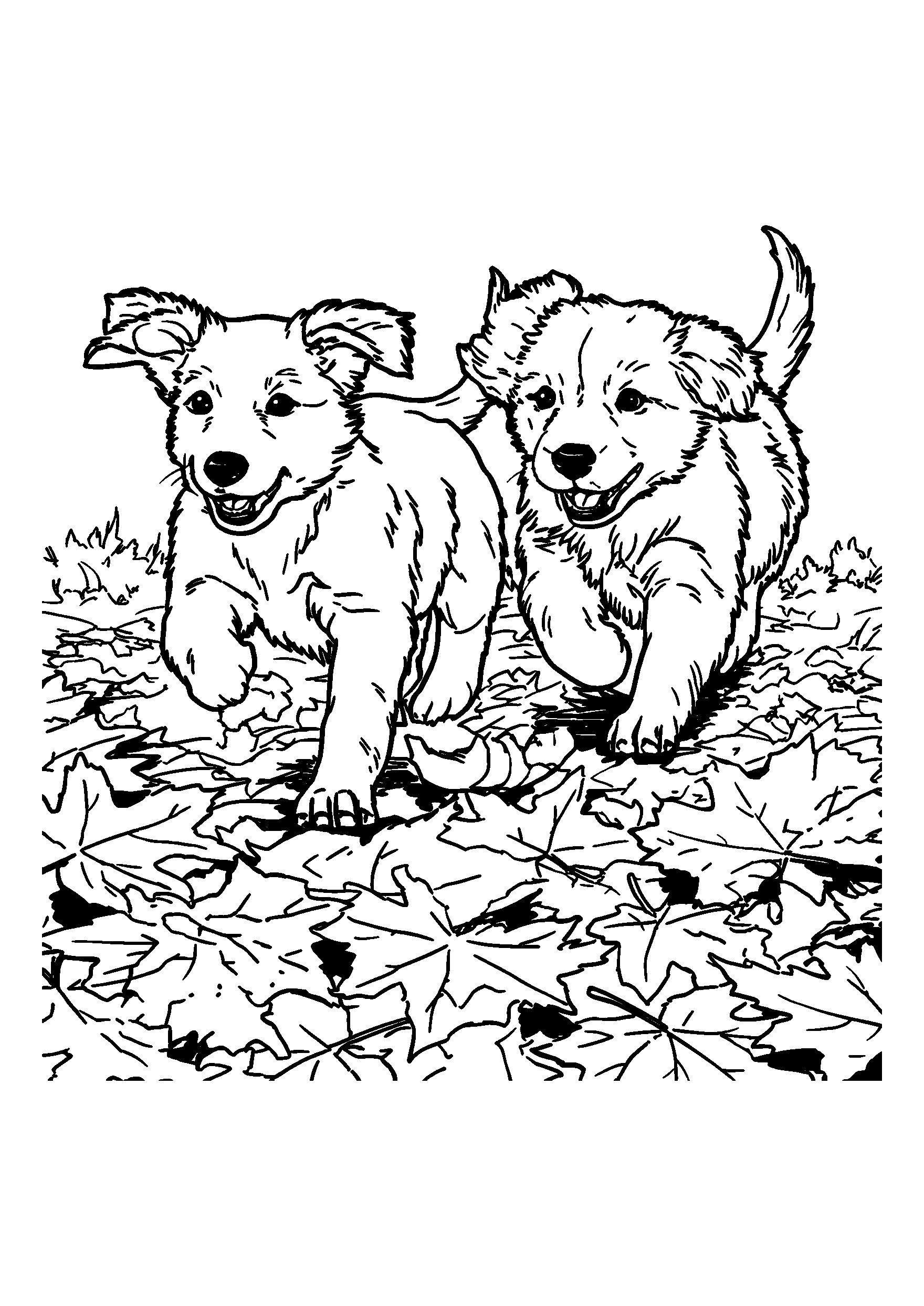 Big, Fluffy Dogs Running Through a Leaf Pile coloring page