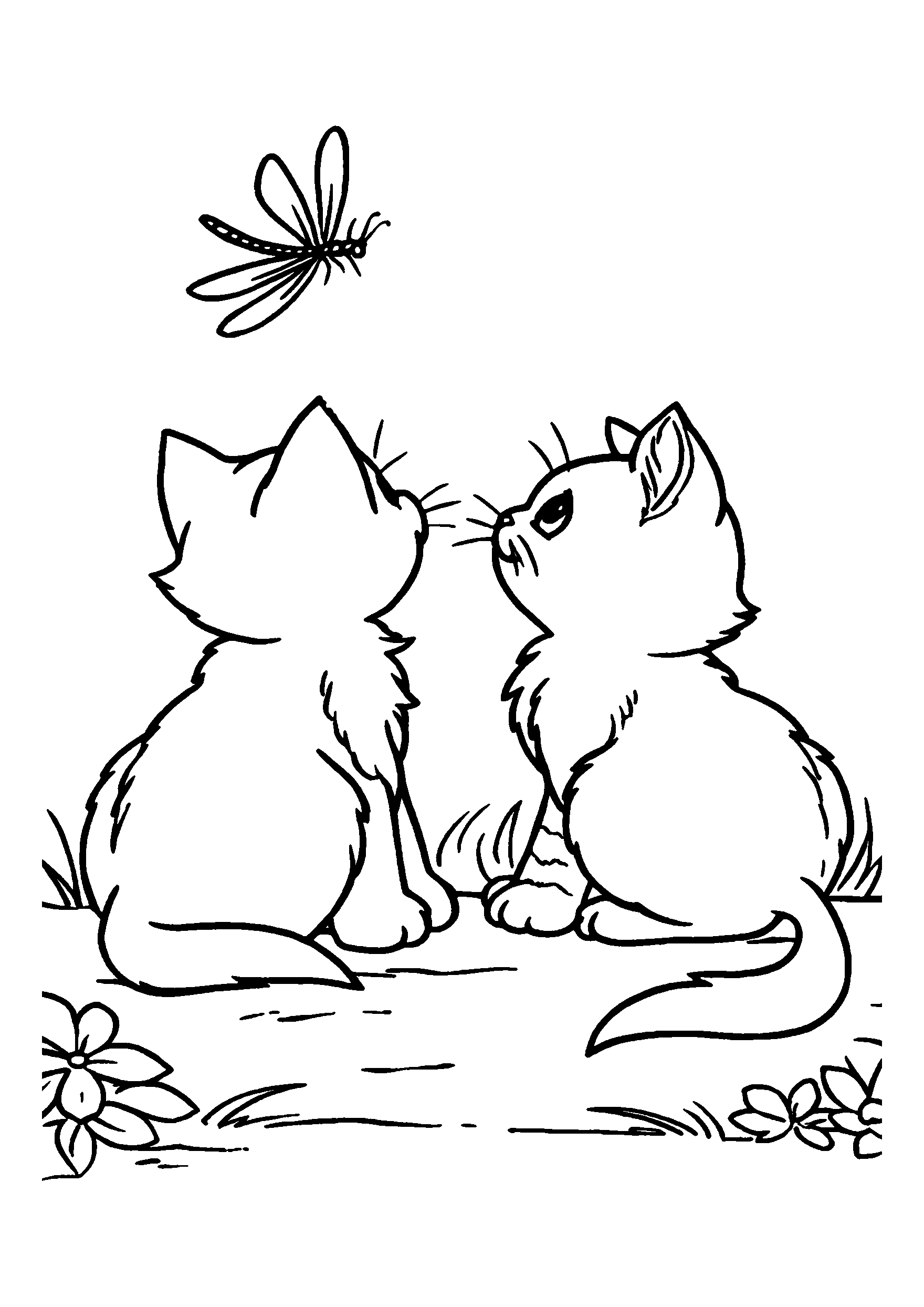 Kittens Watching a Fluttering Dragonfly coloring page