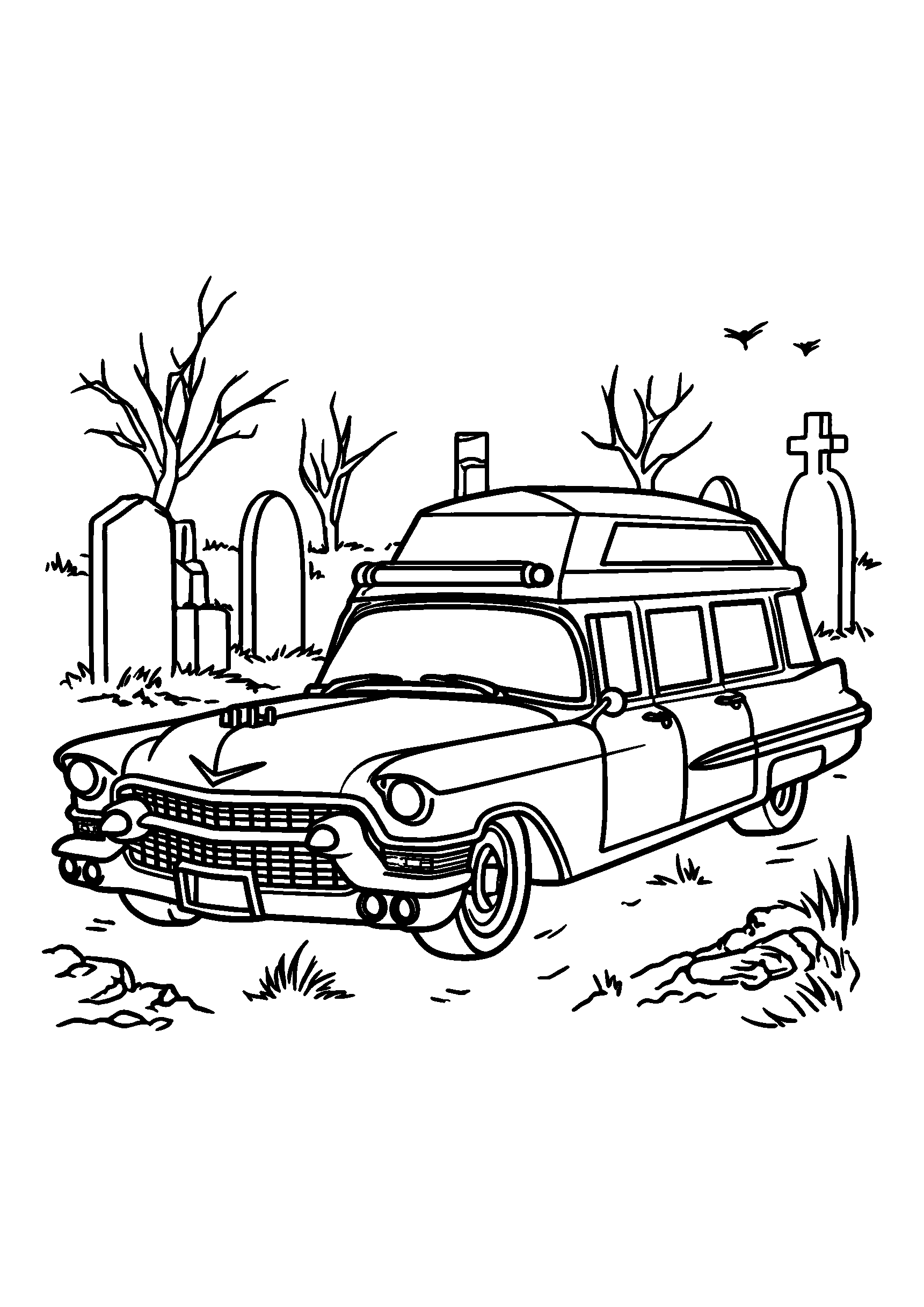 Vintage-style Hearse Parked in a Graveyard coloring page