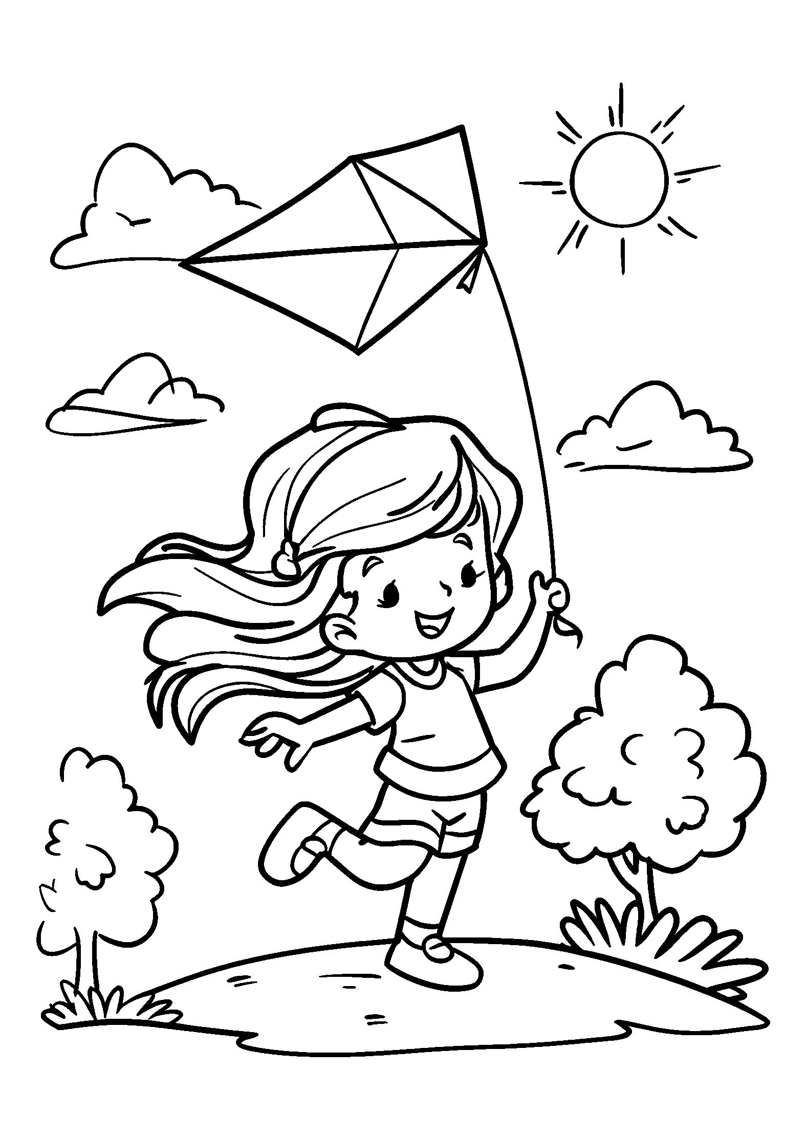 Little Girl Flying a Kite in a Sunny Park coloring page